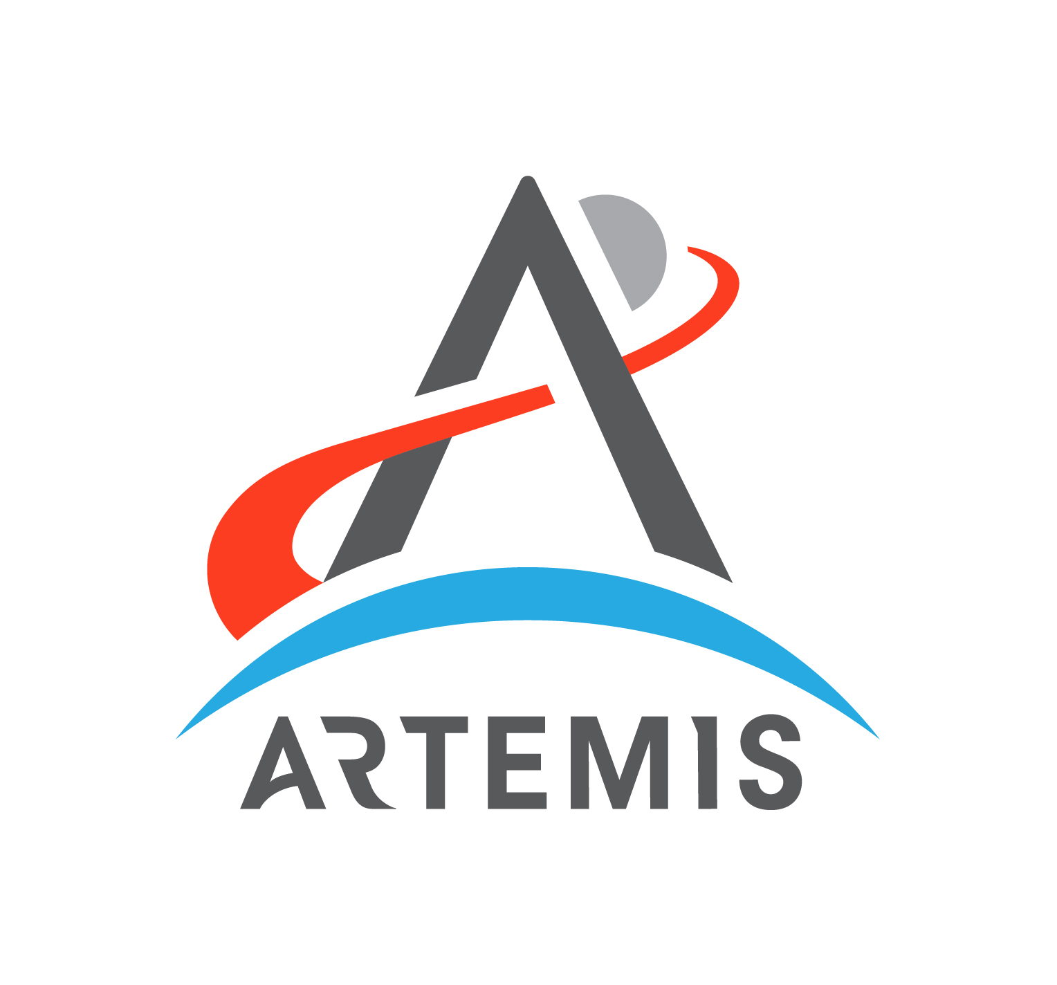 Artemis Logo - red rocket trail, blue arch that represents earth, ARTEMIS text, gray half sphere on a white background